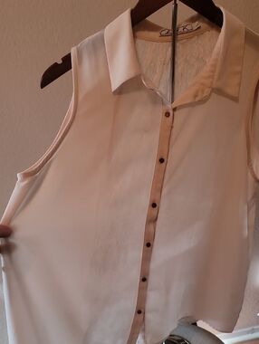 Sleeveless See-thru Lace-Back Collared Blouse - Peachy, pink allies.